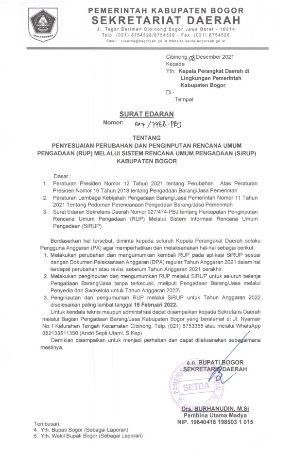 Surat Edaran Tentang Penyesuaian Perubahan dan Penginputan Rencana Umum Pengadaan (RUP) Melalui Sistem Rencana Umum Pengadaan (SiRUP) Kabupaten Bogor